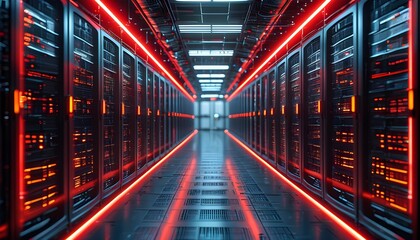 Wall Mural - Futuristic data center corridor illuminated by glowing red lines with servers lining both sides, showcasing advanced technology and network infrastructure