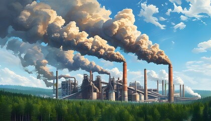 Wall Mural - Industrial facility harmoniously integrated within a vibrant forest landscape beneath a bright, cloud-filled sky, with smoke billowing from towering chimneys.