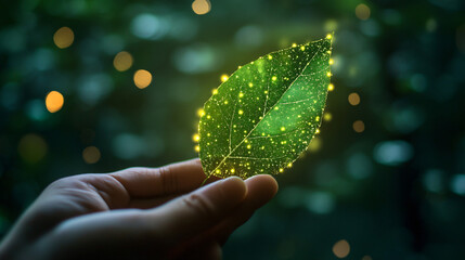 Wall Mural - Gentle hand holding a glowing leaf amidst bokeh, representing the importance of environmental consciousness and nature conservation