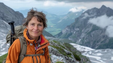 Poster - traveler, caucasian adult woman with backpack hiking on mountain, active lifestyle, freedom