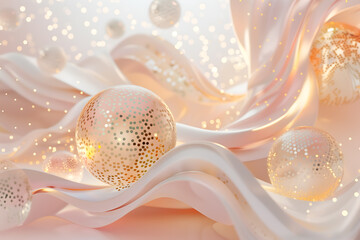 Wall Mural - 3d art background with pink waves, shapes and balls