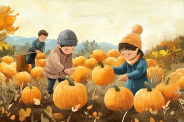 a young boy and girl, dressed in warm fall clothing, carefully selecting the perfect pumpkin from the patch, while their parents work together to harvest more pumpkins in the background