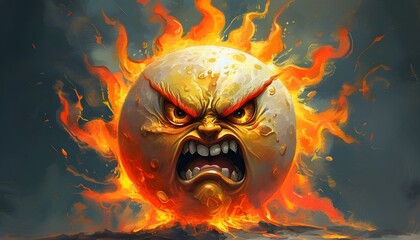 Furious anthropomorphic sun radiating heat and intensity with fiery flames and a fierce, expressive gaze