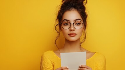 Wall Mural - young smiling woman in yellow sweater holding white postcard on yellow background, copy space, closeup, student, advertisement