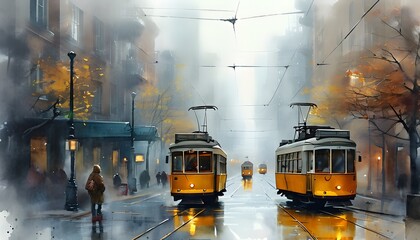 Wall Mural - Mysterious cityscape with a lone figure and a yellow tram shrouded in fog, showcasing a blend of watercolor and digital art styles.