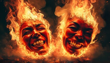 Wall Mural - Intense fiery faces surrounded by swirling flames and smoke in a dramatic surreal landscape