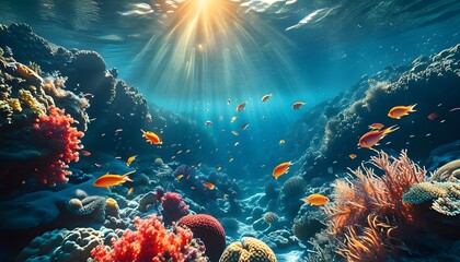 Serene underwater landscape filled with vibrant fish, stunning coral reefs, and radiant sun rays illuminating the aquatic beauty