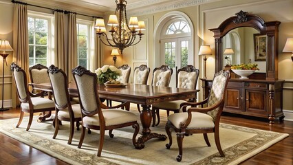 Wall Mural - Elegant formal dining room set with ornate wooden chairs, cream-colored upholstery, and a richly polished wooden table