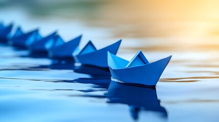 A row of blue paper boats floating on the water, with the last one in focus and the sun shining on the horizon.