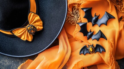 A stylish Halloween-themed fashion accessory display with black hats, orange scarves, and bat-shaped brooches, styled with spooky props