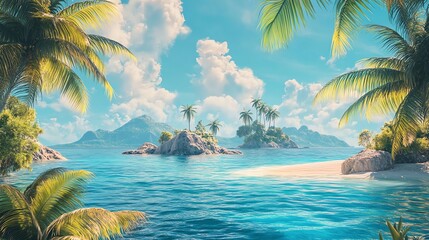 Wall Mural - Idyllic tropical island with palm trees and a pristine white sand beach.