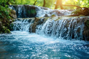 River with small waterfall in forest, clean water quickly flows down stones. Sun illuminates lush greenery in background, natural, refreshing feel of clean rivers and lakes. Water purification action