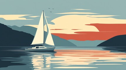Wall Mural - A sailboat glides across calm water with mountains in the background, the sky is a vibrant sunset.