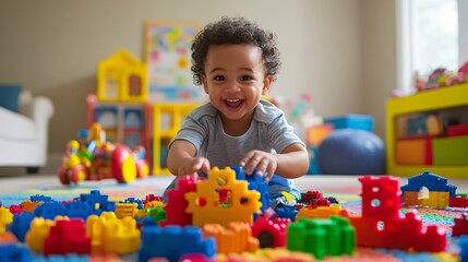 A child playing with a variety of toys in a vibrant, family-friendly play area, capturing moments of joy and interaction, viewed from a wide-angle perspective, background features a bright, colorful