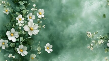 Wall Mural - A painting of a field of white flowers with a green background