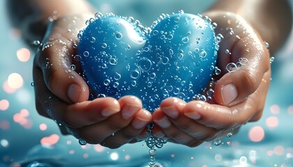 Wall Mural - Embracing a Blue Heart of Water: A Symbol of Purity, Love, and Nature with Bubbles Reflecting Hydration and Care