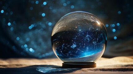 A crystal ball reflecting a starry sky with constellations visible indoors at night