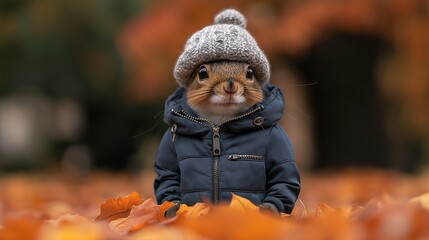 Wall Mural - A squirrel wearing a blue jacket and a hat is sitting on a pile of leaves. The image has a playful and whimsical mood, as the squirrel is dressed in human clothing and he is posing for a photo