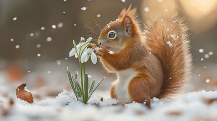 Wall Mural - A small brown squirrel is sitting on the snow next to a flower. The scene is peaceful and serene, with the snow covering the ground and the flower adding a touch of color to the winter landscape