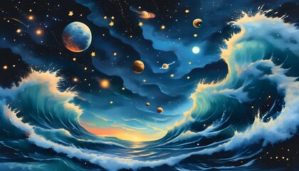 Wall Mural - Whimsical fantasy night sky merging enchanting stars, vibrant planets, and dreamy ocean waves in a surreal cosmic landscape