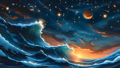 Wall Mural - Whimsical fantasy night sky merging enchanting stars, vibrant planets, and dreamy ocean waves in a surreal cosmic landscape