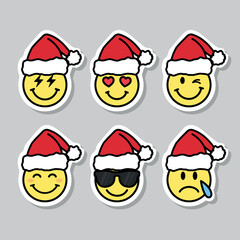 Wall Mural - smile faces with santa hat, set of christmas emojies, cartoon vector sticker set