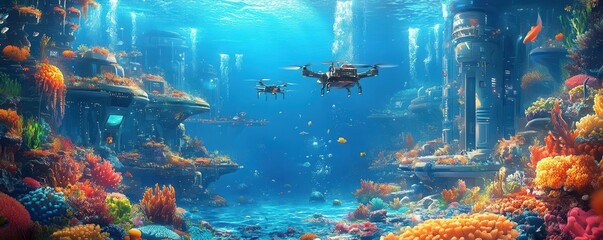 A vibrant underwater scene showcasing colorful corals, aquatic life, and drones exploring an enchanting ocean environment.