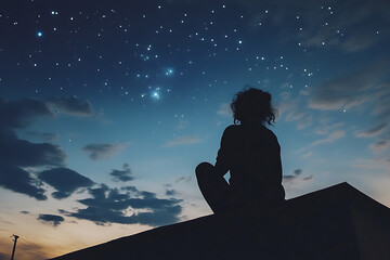 Wall Mural - A silhouette of a person gazing at a starry sky during twilight.