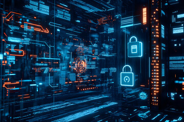 Cybersecurity represented with a large, encrypted data file with complex, swirling patterns of code around it