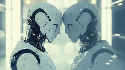 A robot with advanced AI inspects its reflection in a high-tech lab, reflecting a blend of human-like curiosity and scientific innovation.