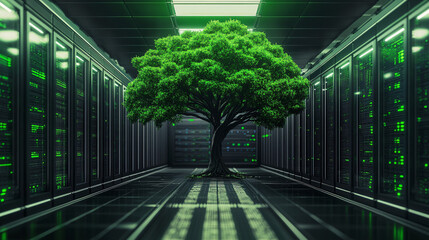 Aufkleber - Green tree growing inside a big data center corridor, symbolizing green energy and sustainable technology