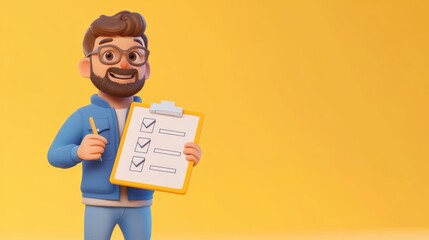 3D character close up portrait of a white man in a casual blue jacket, holding a large clipboard with a checklist, on a soft yellow gradient backdrop, copy space, cute cartoon style,