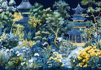 Blue Pagoda in a Lush Garden