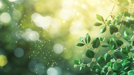 Fototapete - Lush green plant with interconnected molecule structure amidst a sparkling blurred green backdrop