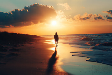 Wall Mural - A silhouette walks along a beach at sunset, reflecting on the serene ocean waves.