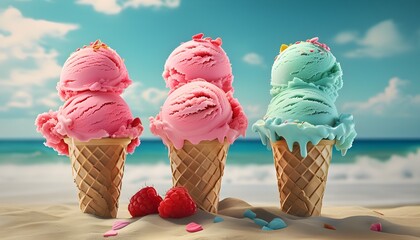 Wall Mural - Refreshing ice cream indulgence on a sunny beach