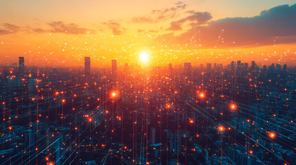 Aufkleber - Network of lines is connecting a modern city skyline at sunset, symbolizing global business and communication
