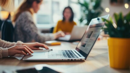 Women working on laptops in a modern, sunlit office, emphasizing collaboration and productivity.