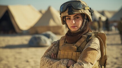 Female Soldier in Combat Gear Posing Confidently in Desert Military Camp for Security and Defense Concept