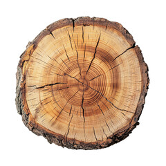 top view of a tree stump slice isolated on transparent background. crosscut of a beautiful wood grai