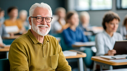 adult education mature senior man student sitting in classroom smiling enjoying class concept of elderly education studying. 