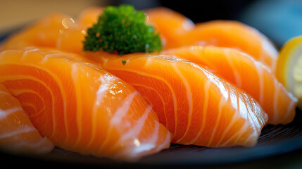 Wall Mural - sushi on a black plate, salted salmon, salmon slices, japanese food, sashimi, restaurant serving