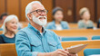 © Studios - adult education mature senior man student sitting in classroom smiling enjoying class concept of elderly education studying.
