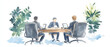 © Wonderful Studio - Corporate meeting room, executives discussing strategy, modern office, Watercolor style