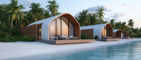 3d render Modern beach villas surrounded by palm trees and clear water, perfect for relaxation and tropical getaways.