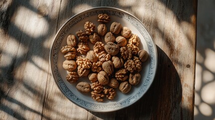 Wall Mural - Walnuts in a Bowl on a Wooden Table