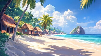 Wall Mural - A tropical beach scene with palm trees and cozy beach huts, with soft sand and the ocean creating a peaceful island vibe.