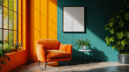 Modern living room with vibrant orange and teal walls, an orange armchair, a side table with plants, and a blank picture frame perfect for home decor blogs, interior design inspiration