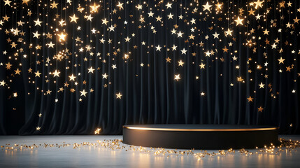 Wall Mural - graduation class background award party banner with copy space, empty stage with black curtain and falling gold stars, product presentation product display podium or platform