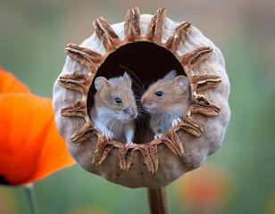 Wall Mural - A family of mice nesting in the head of a dried poppy plant. A family of mice with their heads out of their nests